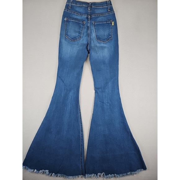 Vibrant Miu Jeans Women's Size 3 23x33 Blue Bell Bottoms Destressed High-Rise - Picture 6 of 8